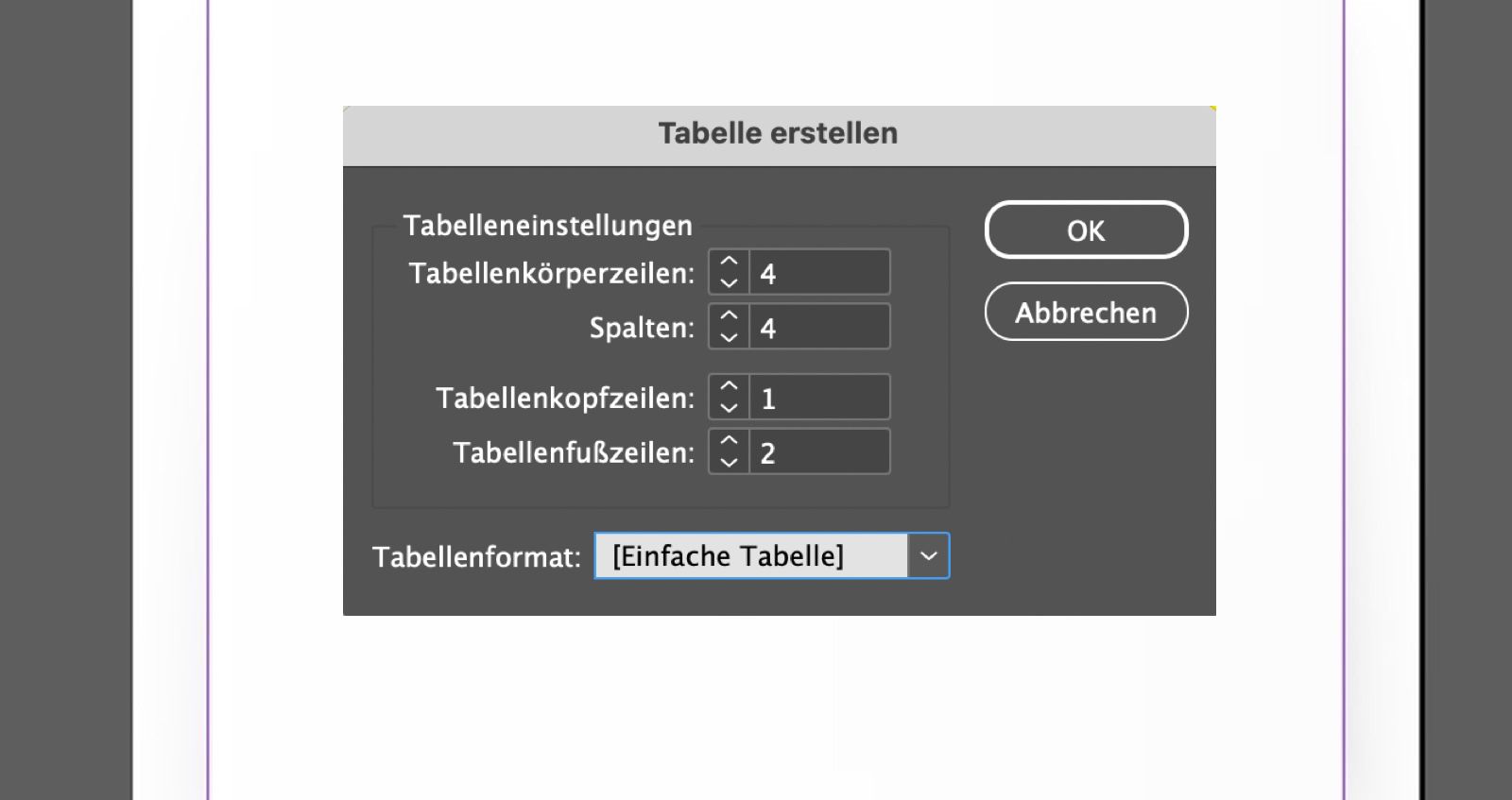Dialogfeld „Tabelle erstellen“ mit Zeilenfeldern, Kopfspalten, Tabellenformat und OK- und Abbrechen-Schaltflächen.