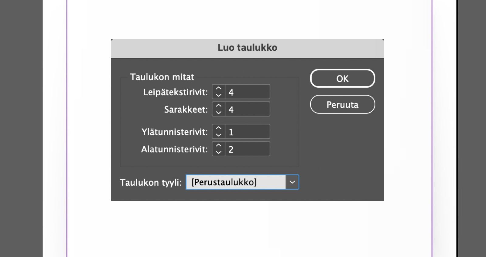 Luo taulukko -valintaikkuna, jossa näkyvät rivikentät, otsikkosarakkeet, taulukon tyyli sekä OK- ja Peruuta-painikkeet.