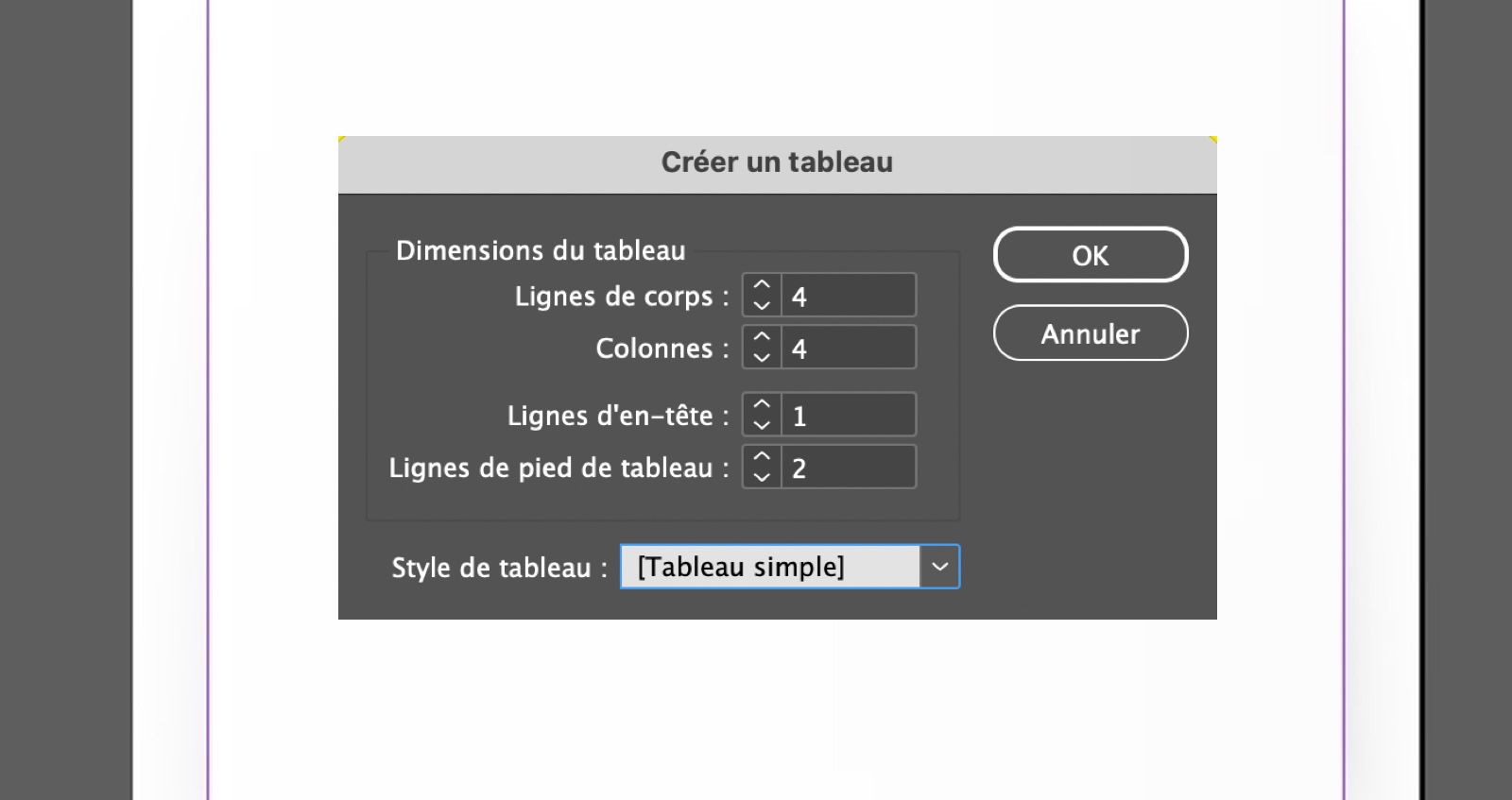Boîte de dialogue Créer un tableau avec les champs de lignes, Colonnes d’en-tête, Style de tableau, ainsi que les boutons OK et Annuler.