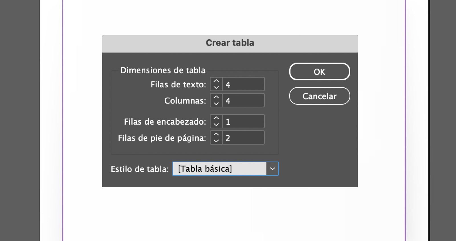 Cuadro de diálogo Crear tabla que muestra campos de filas, Columnas de cabecera, Estilo de tabla y botones OK y Cancelar.