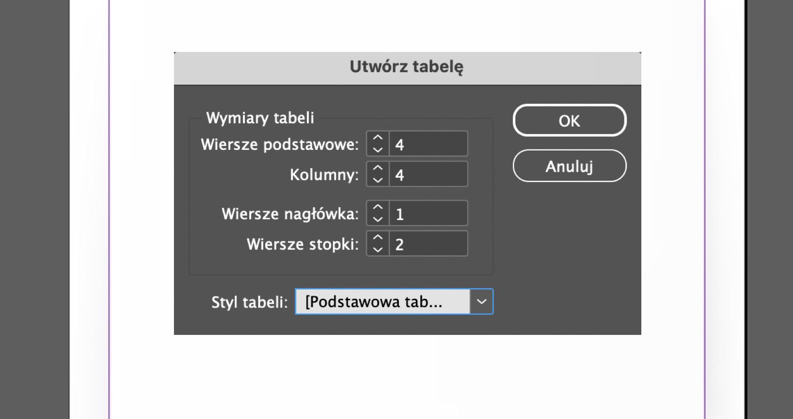 Okno dialogowe Utwórz tabelę zawierające pola wierszy, kolumny nagłówka, Styl tabeli oraz przyciski OK i Anuluj.
