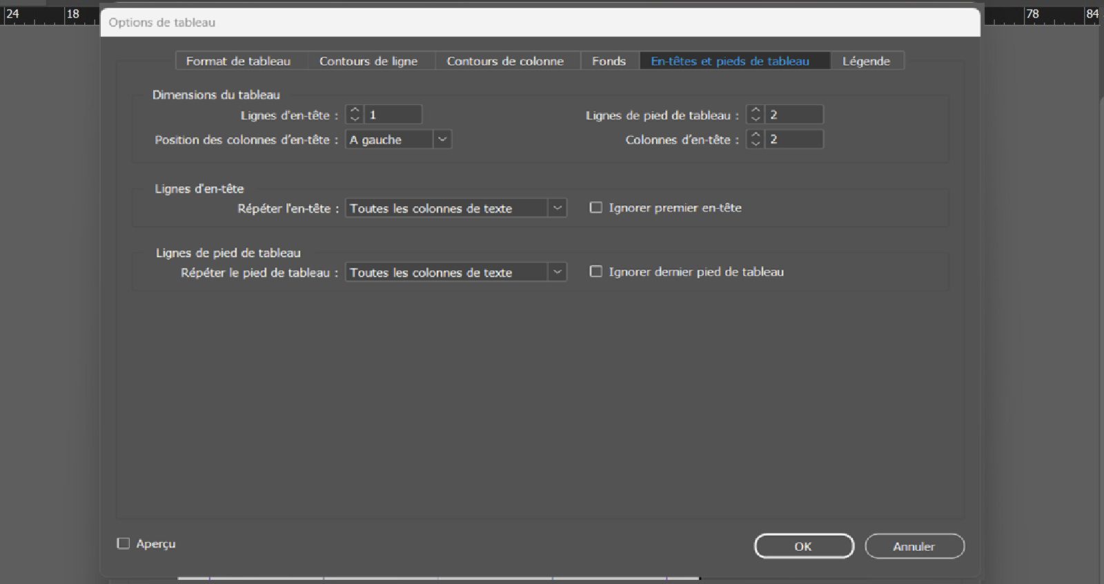 Onglet En-têtes et pieds de page dans la boîte de dialogue Options de tableau affichant les paramètres pour les lignes d'en-tête, les lignes de pied de page et les colonnes d'en-tête.