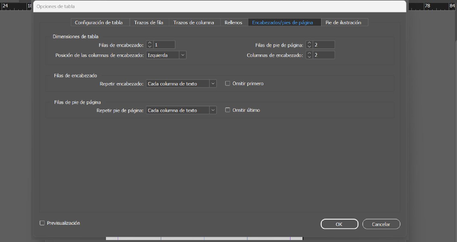 Pestaña Cabeceras y pies de página en el cuadro de diálogo Opciones de tabla que muestra la configuración para filas de cabecera, filas de pie de página y columnas de cabecera.