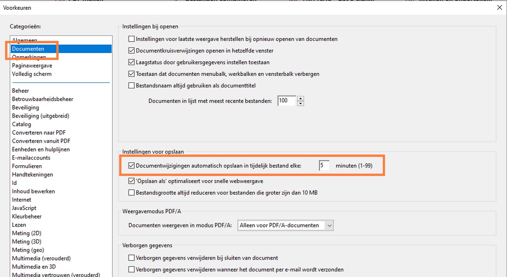 Toegankelijkheidsvoorkeuren in het deelvenster Documenten