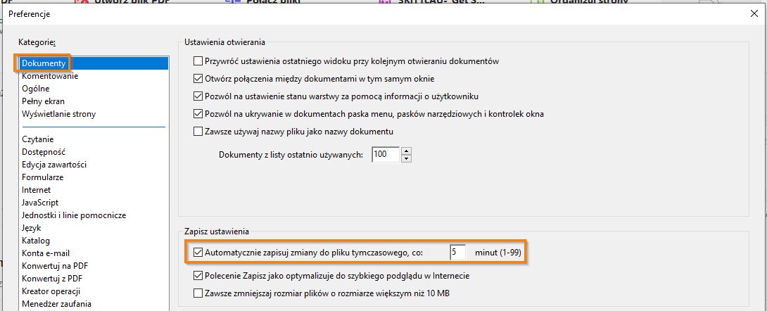 Preferencje dostępności w panelu Dokumenty