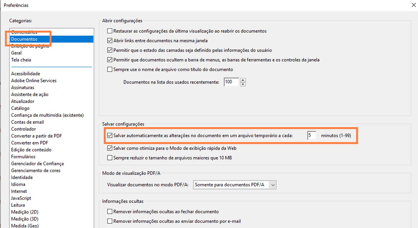 Preferências de acessibilidade no painel Documentos
