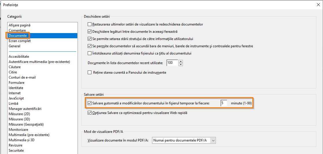 Preferințe de accesibilitate în panoul Documente