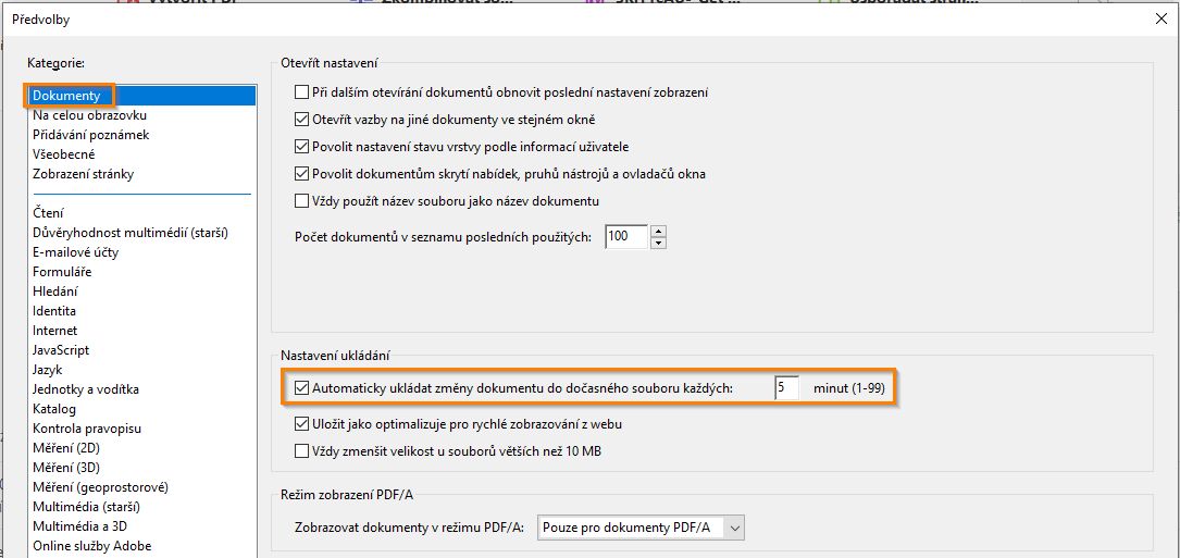 Předvolby usnadnění přístupu v panelu Dokumenty