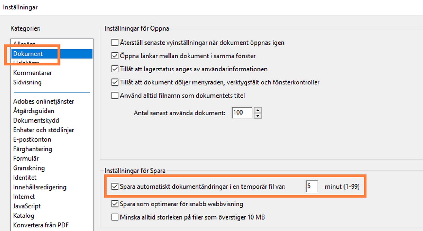 Tillgänglighetsinställningar på panelen Dokument