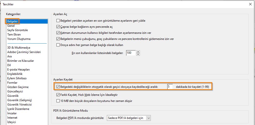 Belgeler bölmesindeki erişilebilirlik tercihleri
