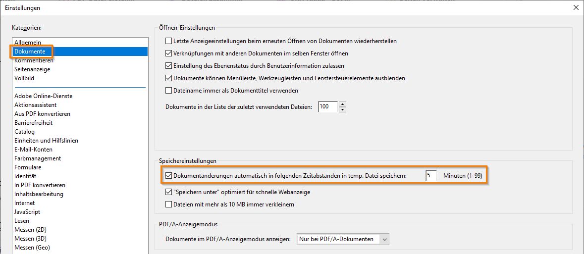 Voreinstellungen für Barrierefreiheit in der Kategorie „Dokumente“