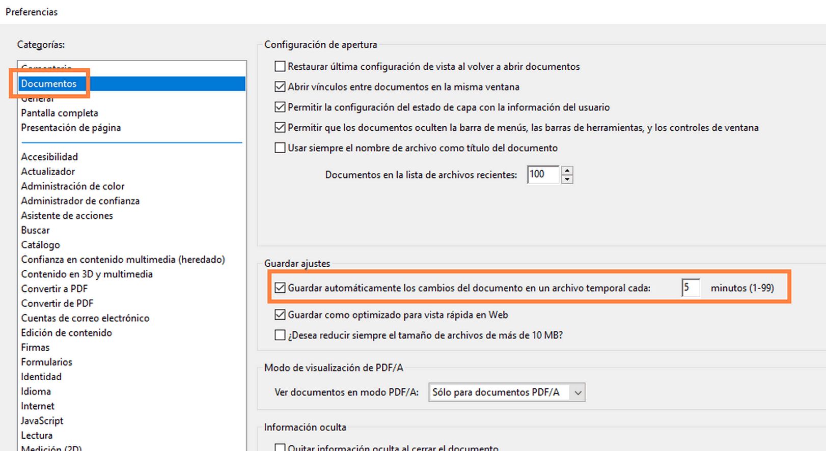 Preferencias de accesibilidad del panel Documentos