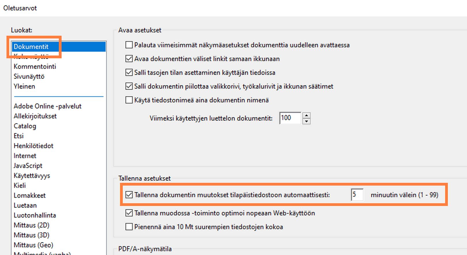 Dokumentit-ruudun esteettömyysasetukset