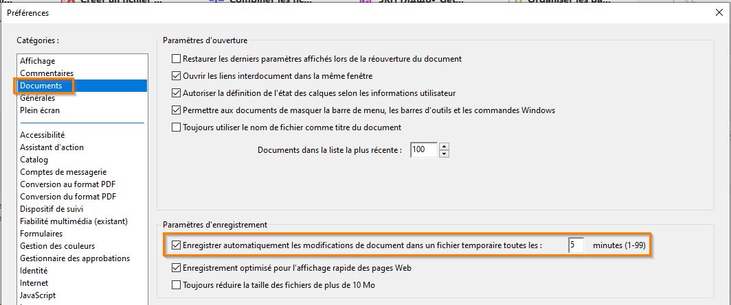 Préférences d’accessibilité dans le panneau Documents