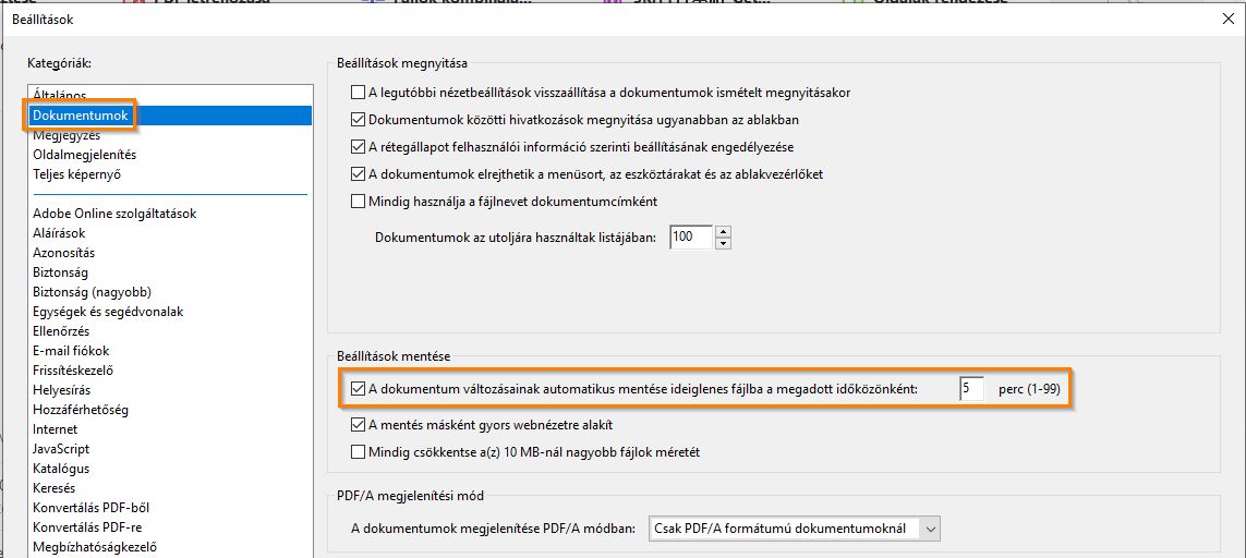 Kisegítő lehetőségek beállításai a Dokumentum panelen