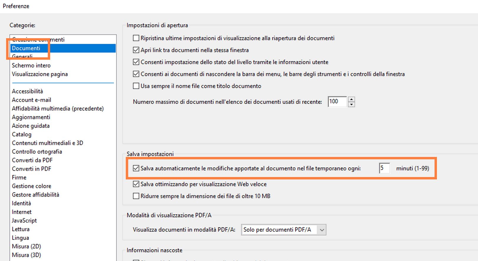 Preferenze di accessibilità nel riquadro Documenti
