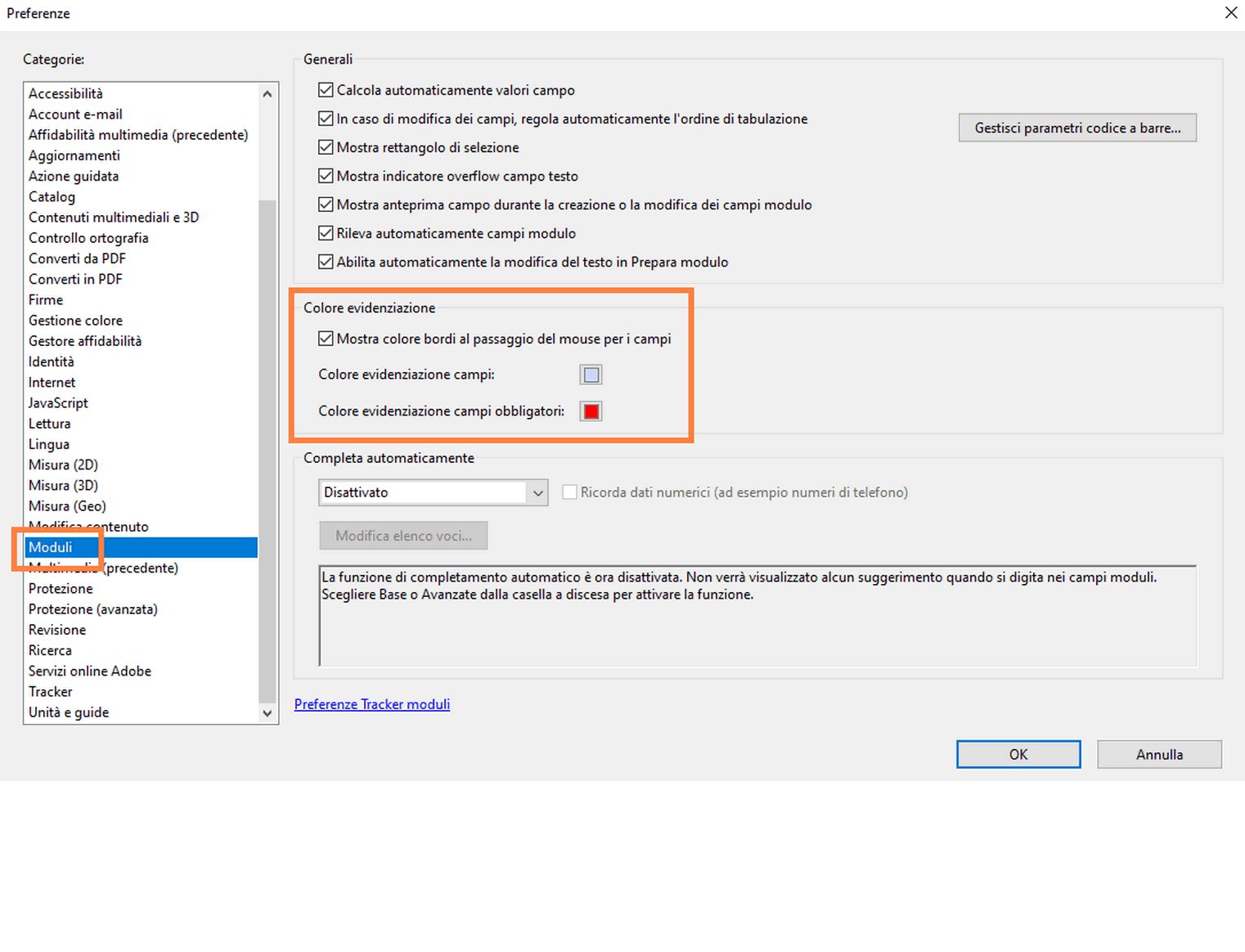 Preferenze di accessibilità nel riquadro Moduli
