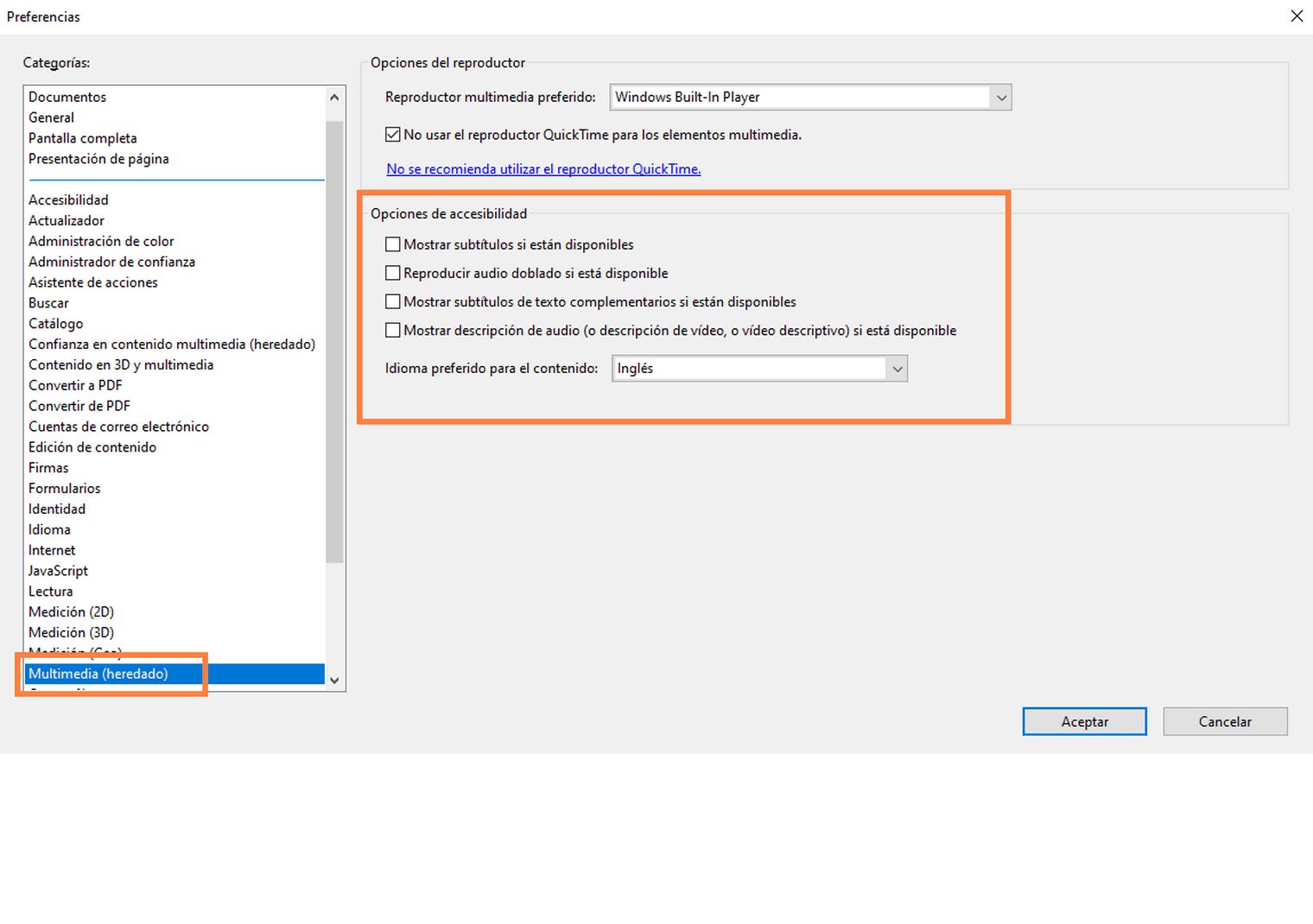 Preferencias de accesibilidad del panel Multimedia
