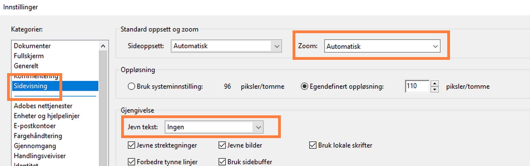 Tilgjengelighetsinnstillinger i Sidevisning-ruten