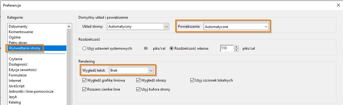 Preferencje dostępności w panelu Wyświetlanie strony