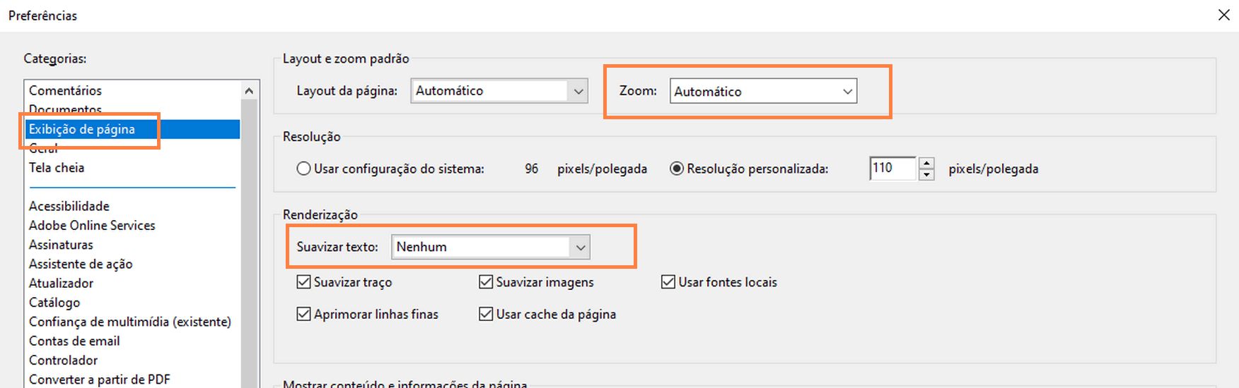 Preferências de acessibilidade no painel Exibição de página