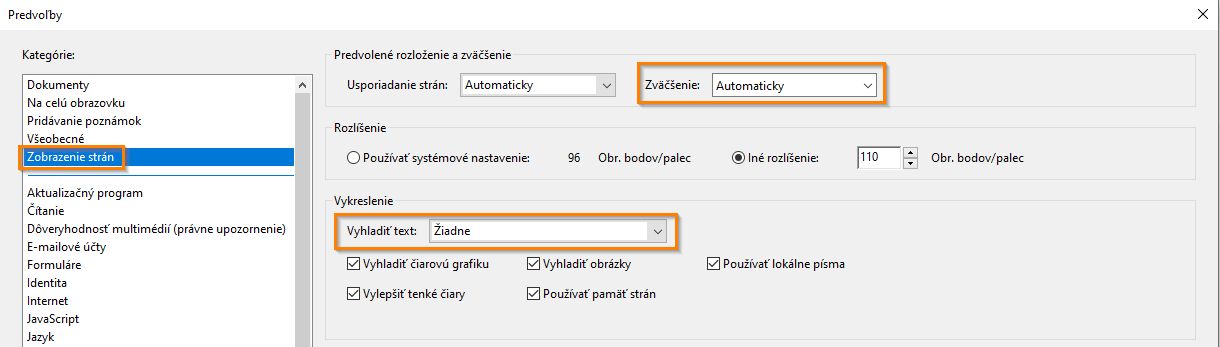 Predvoľby uľahčenia prístupu na paneli Zobrazenie strán