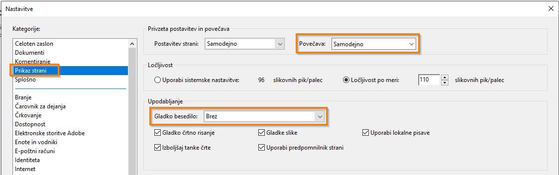 Nastavitve dostopnosti na plošči Prikaz strani