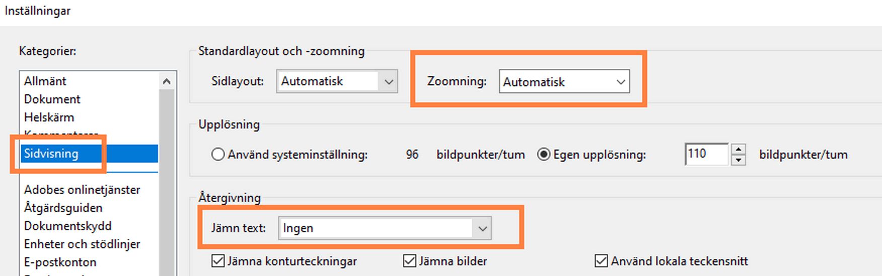 Tillgänglighetsinställningar på panelen Sidvisning