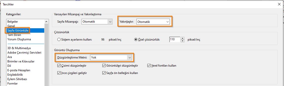 Sayfa bölmesindeki erişilebilirlik tercihleri