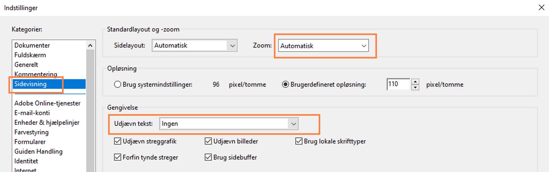 Tilgængelighedsindstillinger i ruden Sidevisning