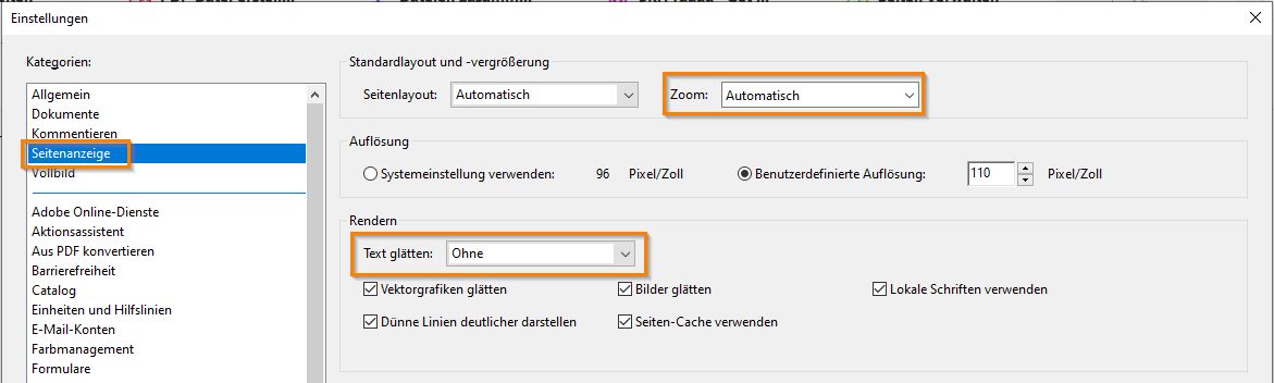 Voreinstellungen für Barrierefreiheit in der Kategorie „Seitenanzeige“