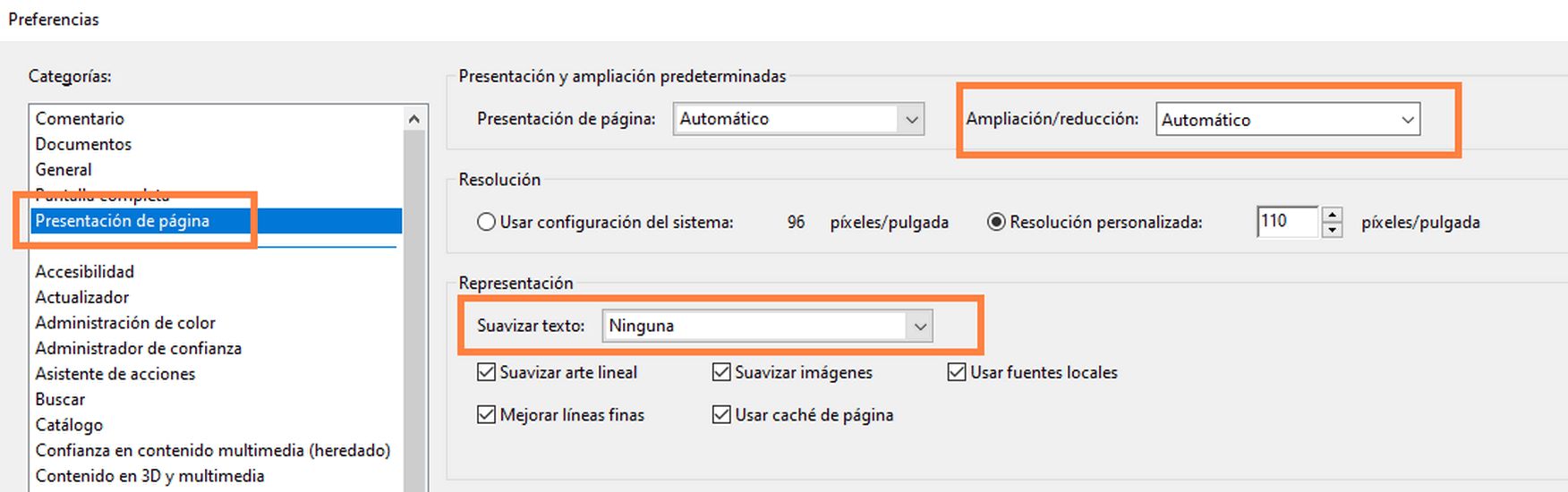 Preferencias de accesibilidad del panel Presentación de página