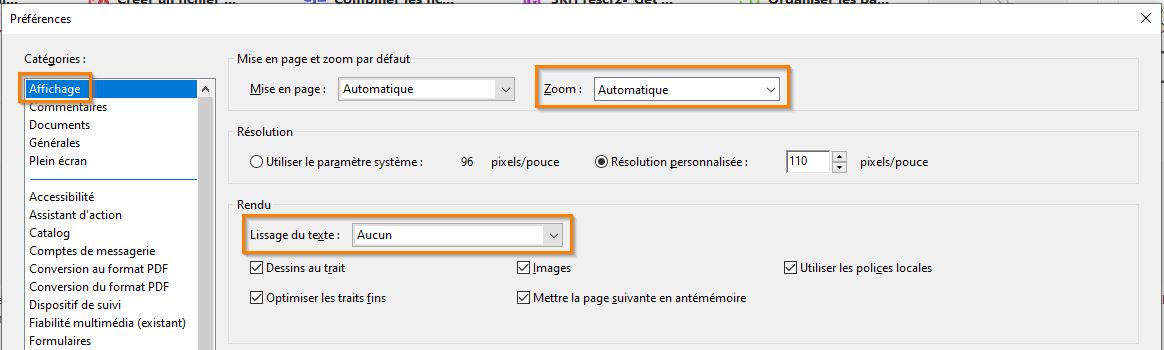 Préférences d’accessibilité dans le panneau Affichage de page