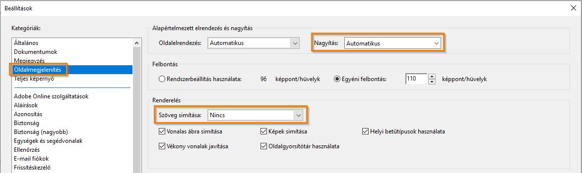 Kisegítő lehetőségek beállításai a Lap megjelenítése panelen