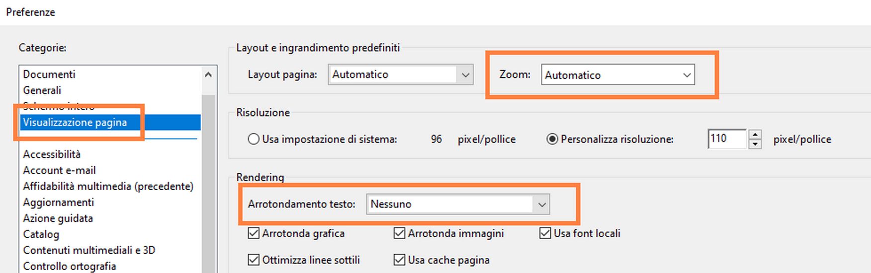 Preferenze di accessibilità nel riquadro Visualizzazione pagina