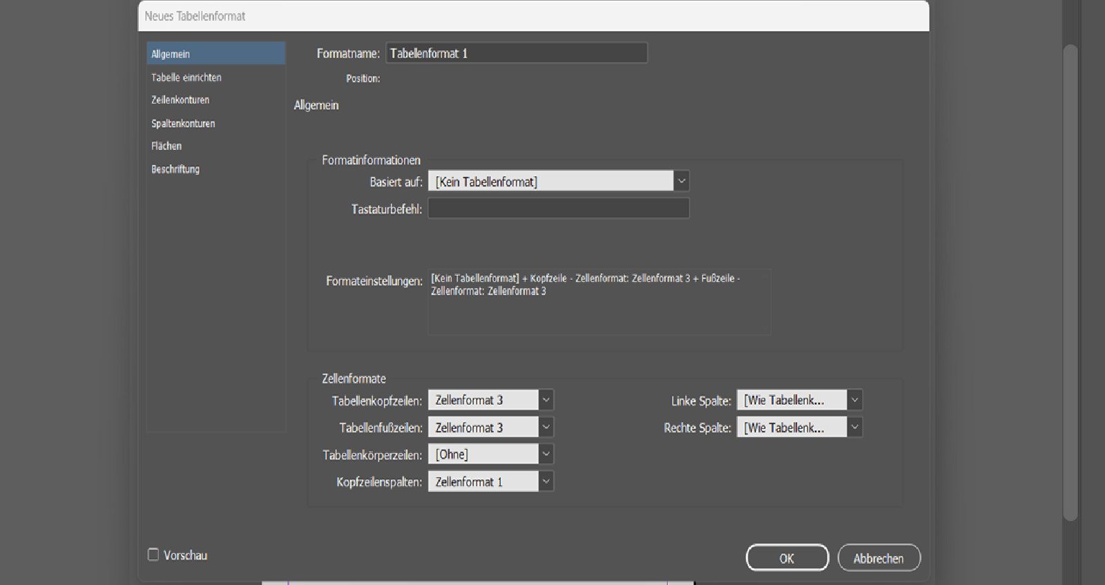 Das Dialogfeld „Neues Tabellenformat" mit den Zellformat-Optionen für Kopfzeilen, Fußzeilen und Kopfspalten.