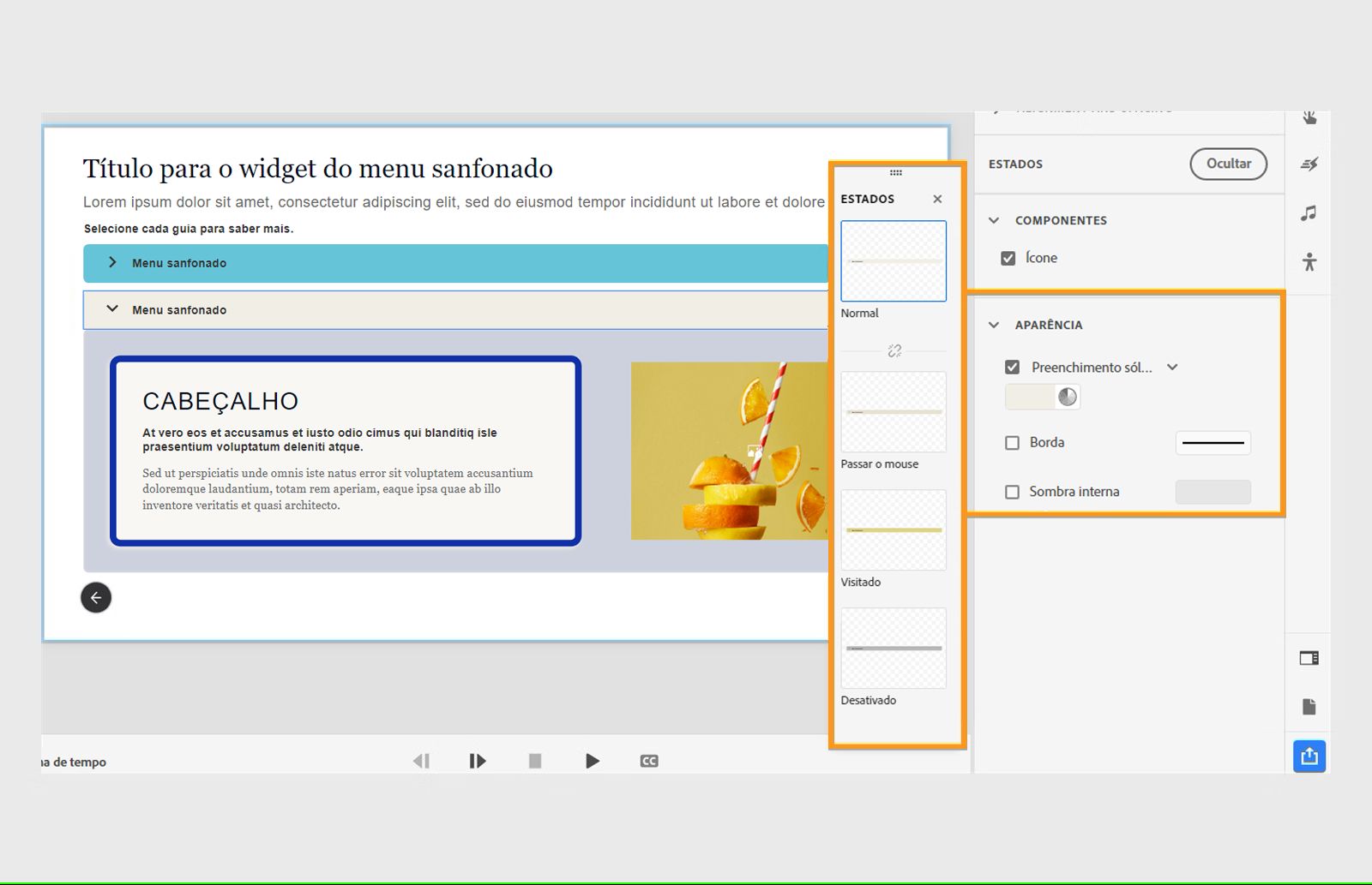 Personalizar os estados do menu sanfonado