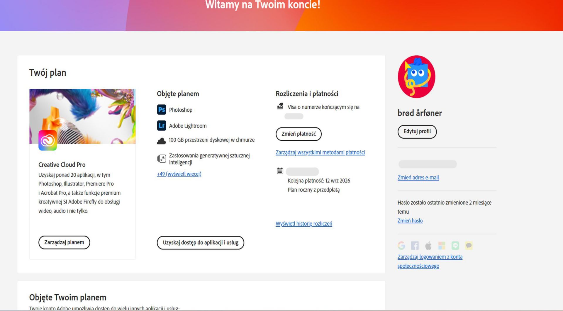 Na stronie przeglądu konta Adobe jest wyświetlony plan z opcjami umożliwiającymi zarządzanie planem, dostęp do aplikacji i usług, edycję rozliczeń i płatności, wyświetlanie historii rozliczeń, edycję profilu i inne czynności. 