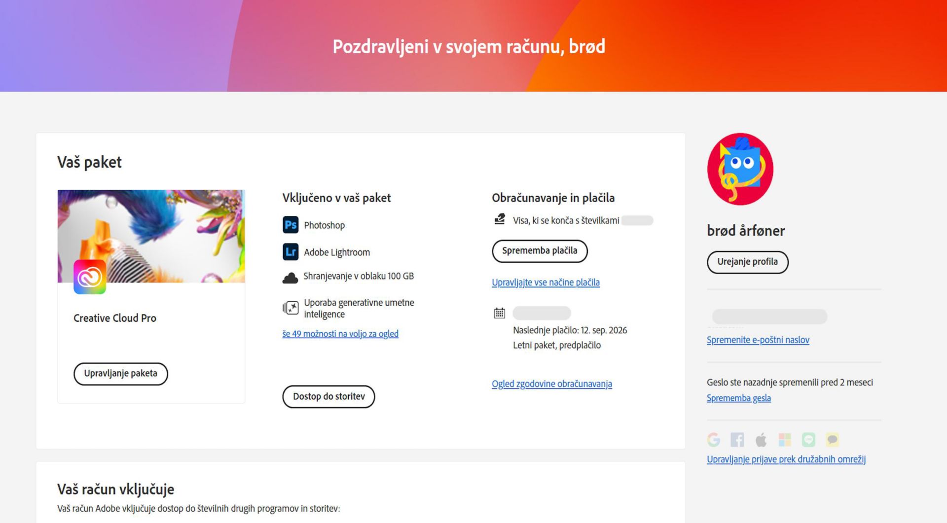 Na strani s pregledom računa Adobe je prikazan paket z možnostmi za upravljanje paketa, dostop do programov in storitev, urejanje obračunavanja in plačil, ogled zgodovine obračunavanja, urejanje profila in drugo. 