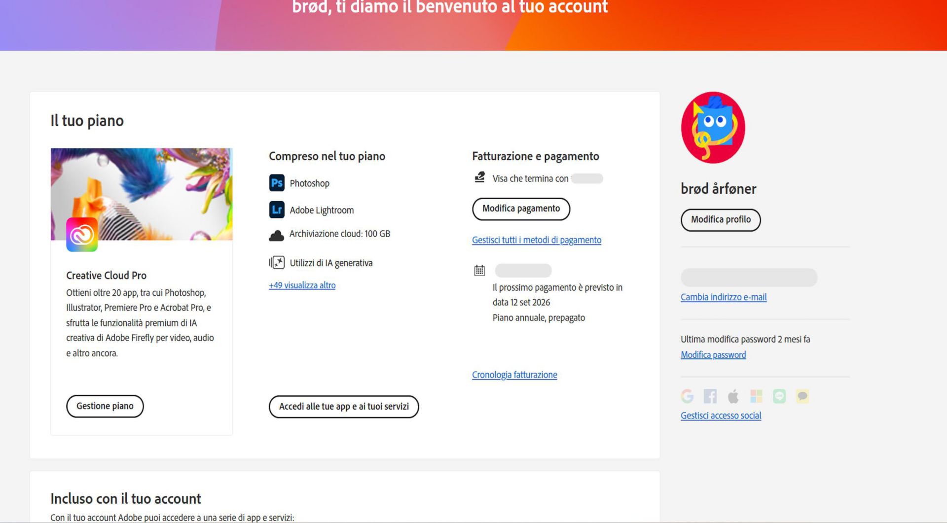 La pagina della panoramica dell'account Adobe mostra il tuo piano con le opzioni per gestirlo, accedere ad app e servizi, modificare fatturazione e pagamento, visualizzare la cronologia di fatturazione, modificare il profilo e altro ancora. 