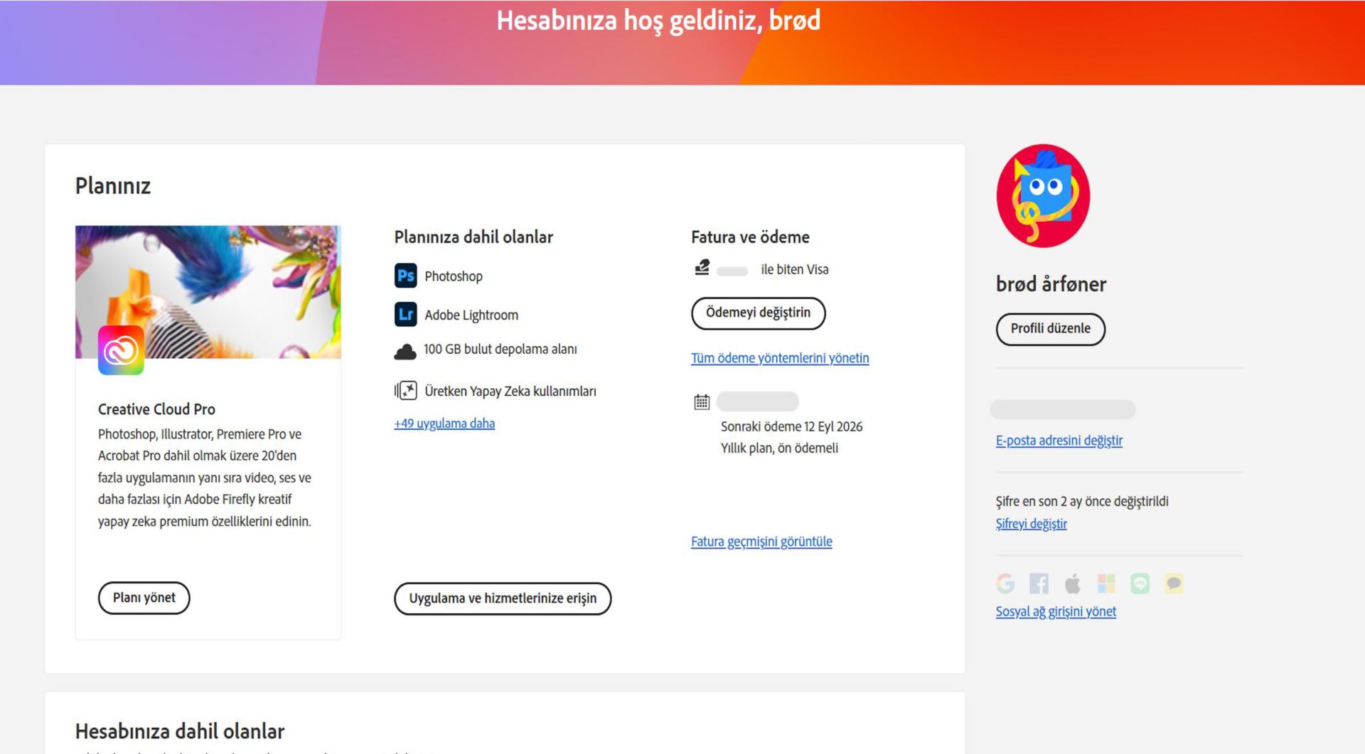 Adobe hesabınızın genel bakış sayfası, planı yönetme, uygulamalara ve hizmetlere erişme, faturalandırma ve ödemeyi düzenleme, faturalandırma geçmişini görüntüleme, profili düzenleme ve daha birçok seçenekle birlikte planınızı gösterir. 