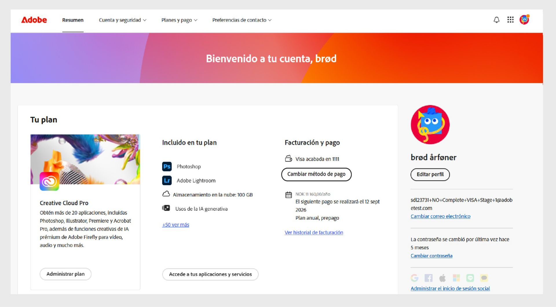La página de información general de su cuenta de Adobe muestra su plan con opciones para administrar el plan, acceder a aplicaciones y servicios, editar la facturación y el pago, ver el historial de facturación, editar el perfil y mucho más. 
