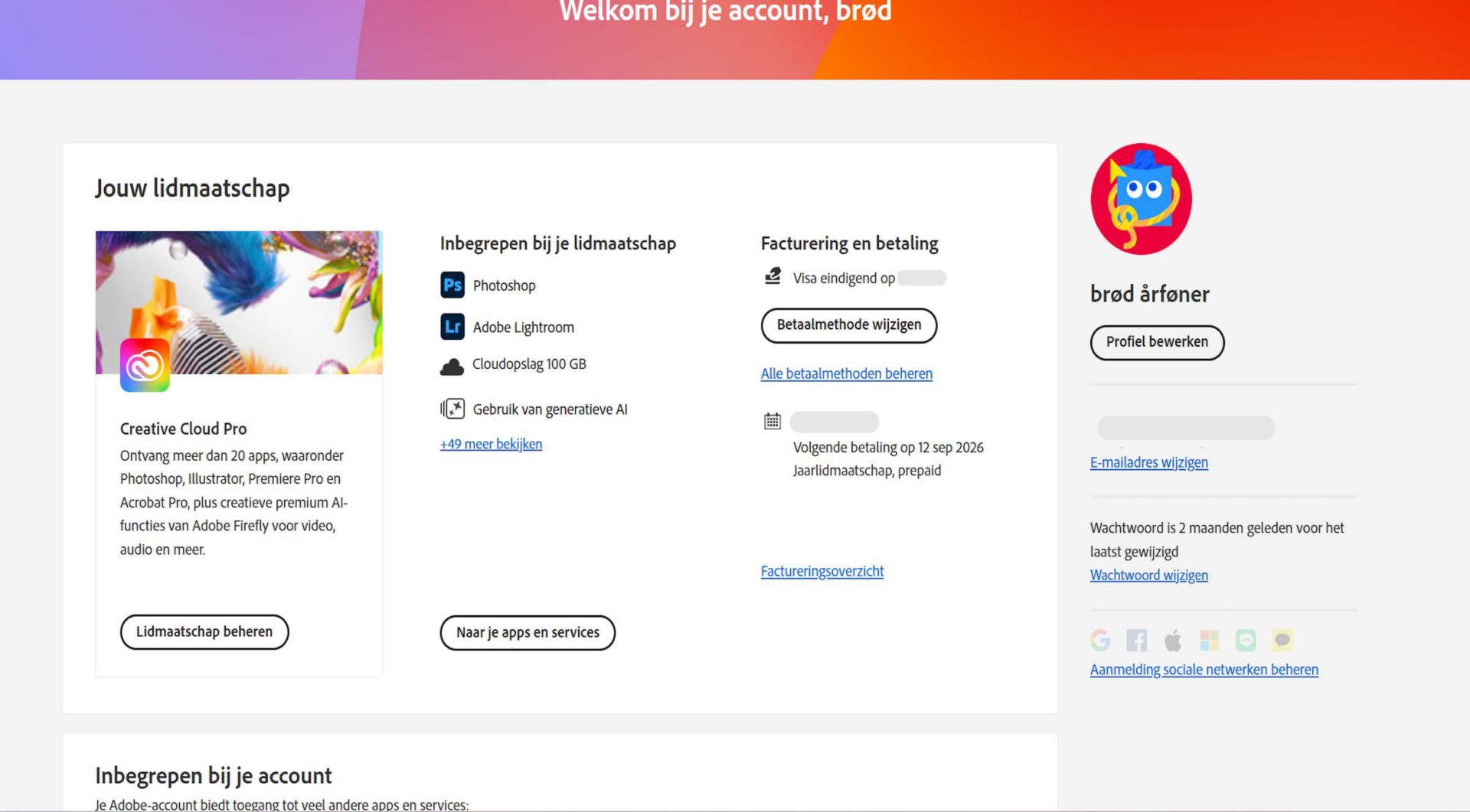 Op de overzichtspagina van je Adobe-account wordt je abonnement weergegeven met opties voor het beheren van lidmaatschappen, toegang tot apps en services, het bewerken van facturings- en betalingsgegevens, het bekijken van de factureringsgeschiedenis, het bewerken van je profiel en meer. 
