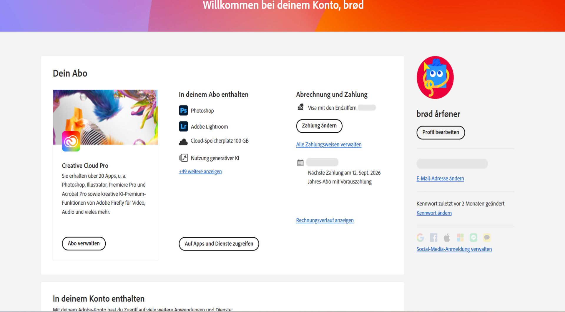 Auf der Übersichtsseite deines Adobe-Kontos siehst du dein Abonnement mit Optionen zum Verwalten des Abonnements, zum Zugreifen auf Apps und Dienste, zum Bearbeiten von Rechnungs- und Zahlungsdaten, zum Anzeigen des Rechnungsverlaufs, zum Bearbeiten deines Profils und mehr. 