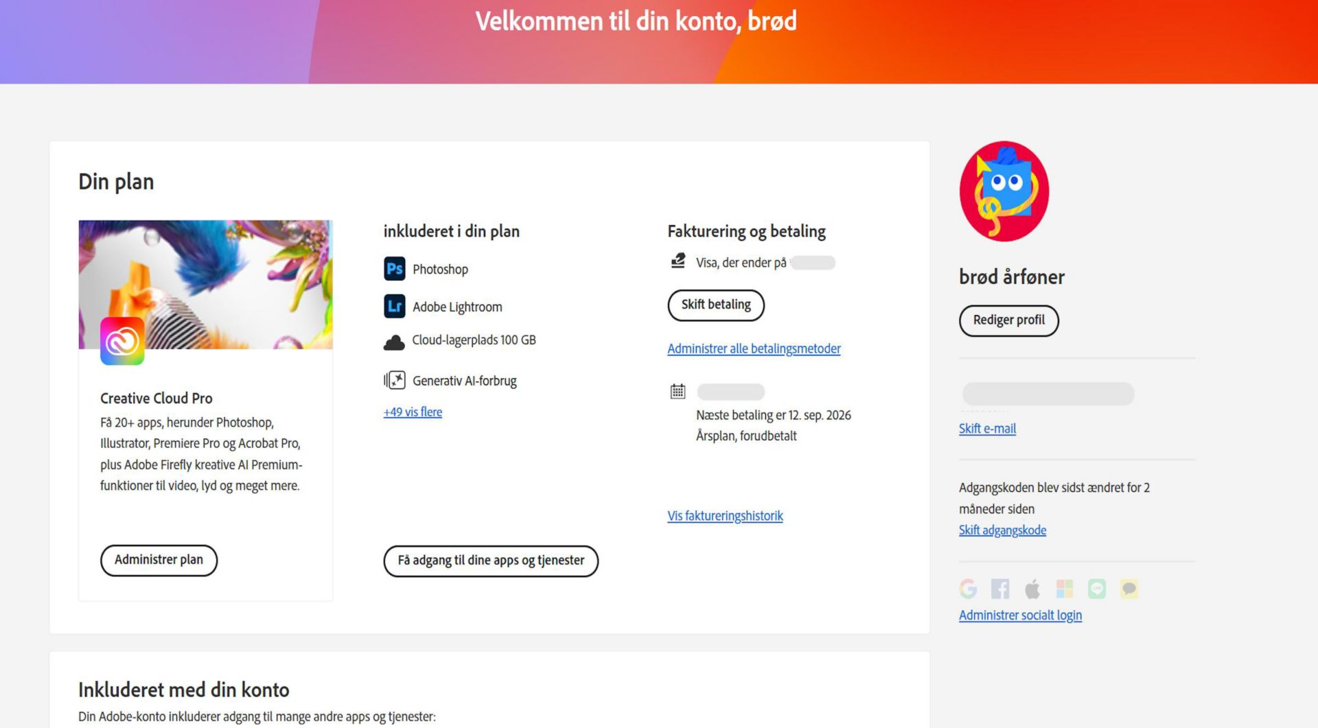 Oversigtssiden på din Adobe-konto viser din plan med muligheden for at administrere planen, få adgang til apps og tjenester, redigere fakturering og betaling, se faktureringshistorik, redigere profil m.m. 