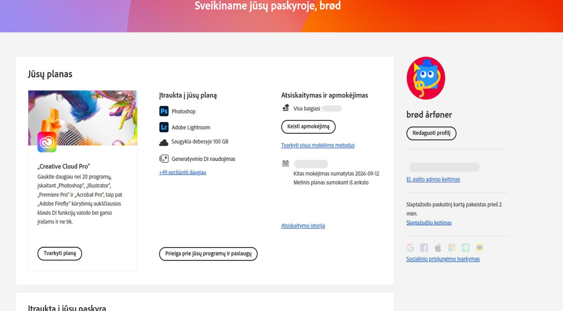 Jūsų „Adobe“ paskyros puslapio apžvalgoje rodomas jūsų planas su galimybe planą tvarkyti, pasiekti programas ir paslaugas, redaguoti atsiskaitymus ir mokėjimus, peržiūrėti atsiskaitymo istoriją, redaguoti profilį ir kt. 