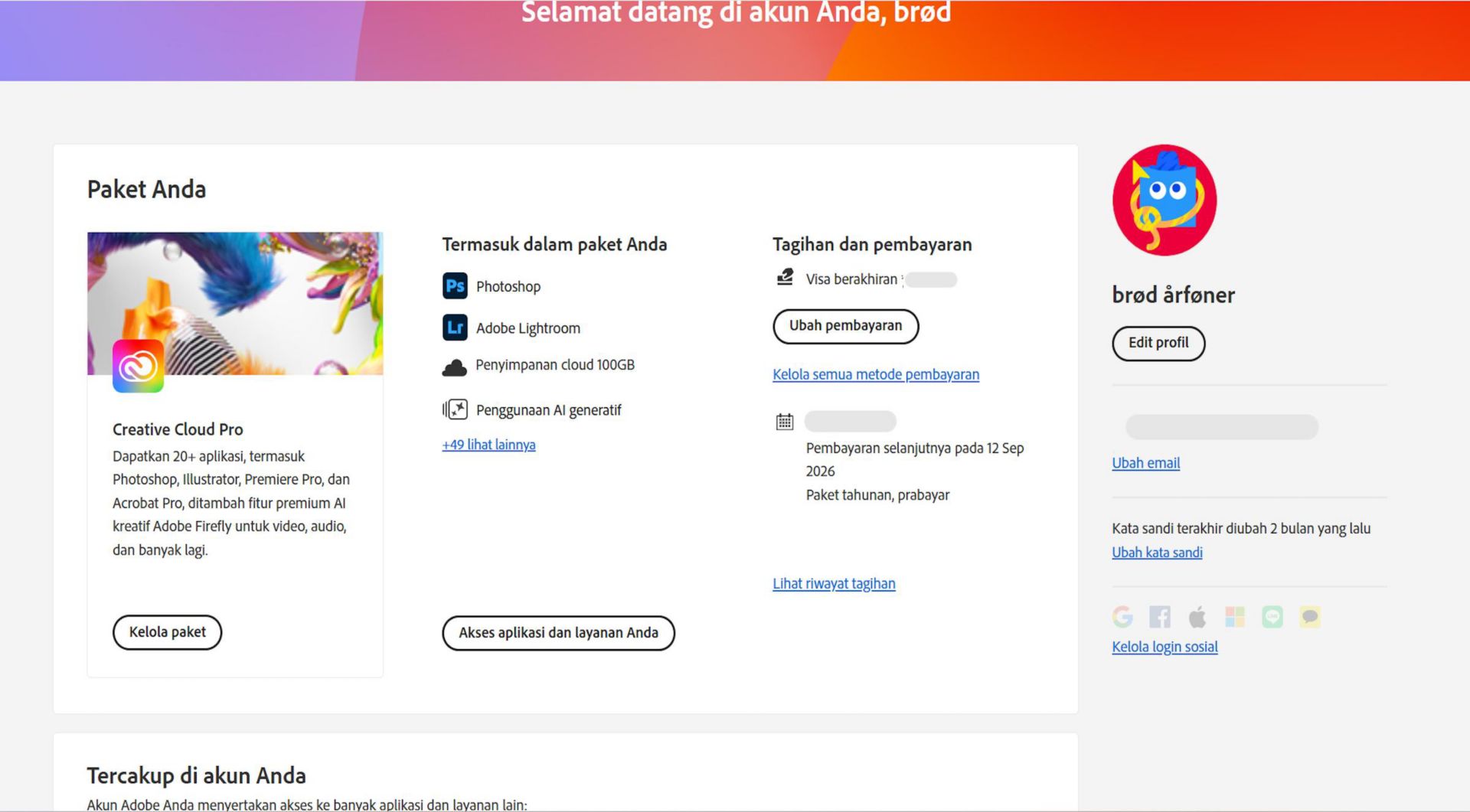 Halaman gambaran umum akun Adobe Anda akan menampilkan paket beserta opsi untuk mengelola paket, mengakses aplikasi dan layanan, mengedit penagihan dan pembayaran, melihat riwayat penagihan, mengedit profil, dan lainnya. 