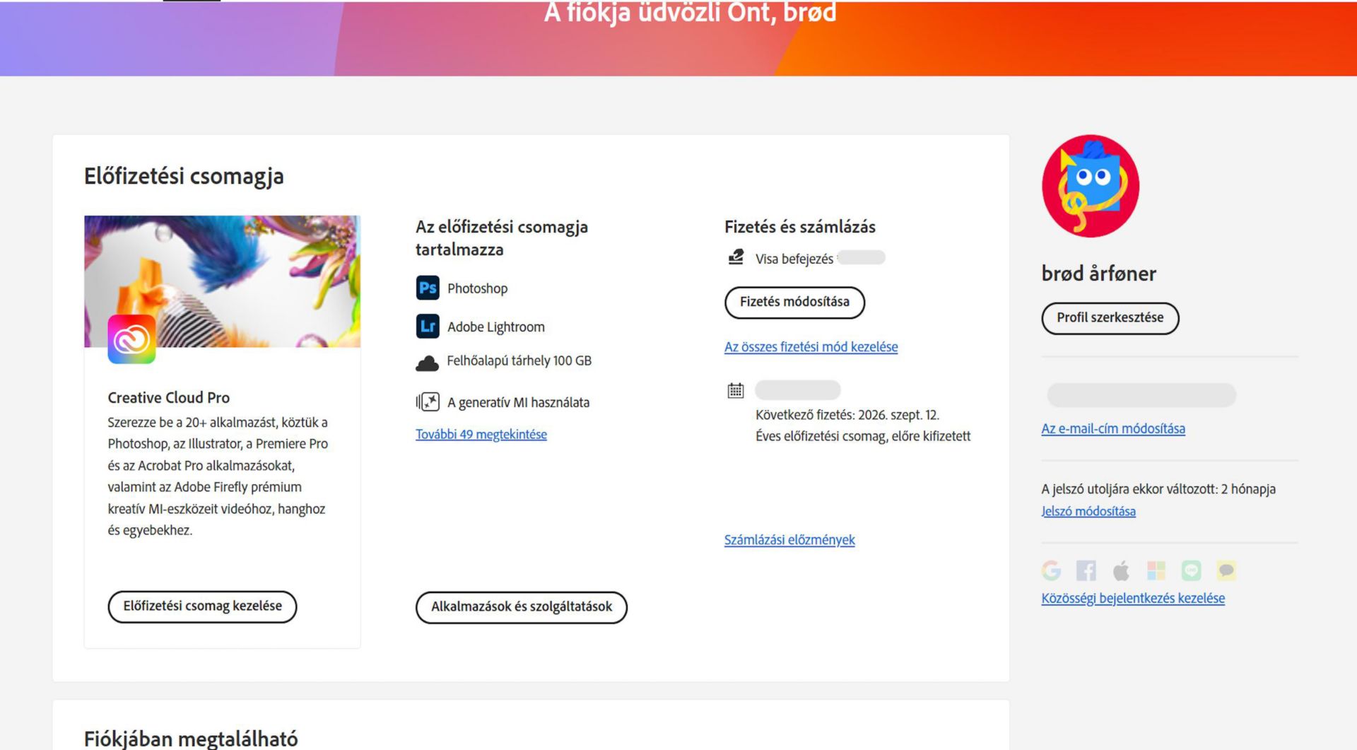 Az Adobe-fiók áttekintési oldalán látható a csomagja és itt szerepel a csomagkezelés, az alkalmazások és szolgáltatások elérése, a számlázás és fizetés módosítása, a számlázási előzmények megtekintése, a profil szerkesztése és egyéb lehetőségek. 