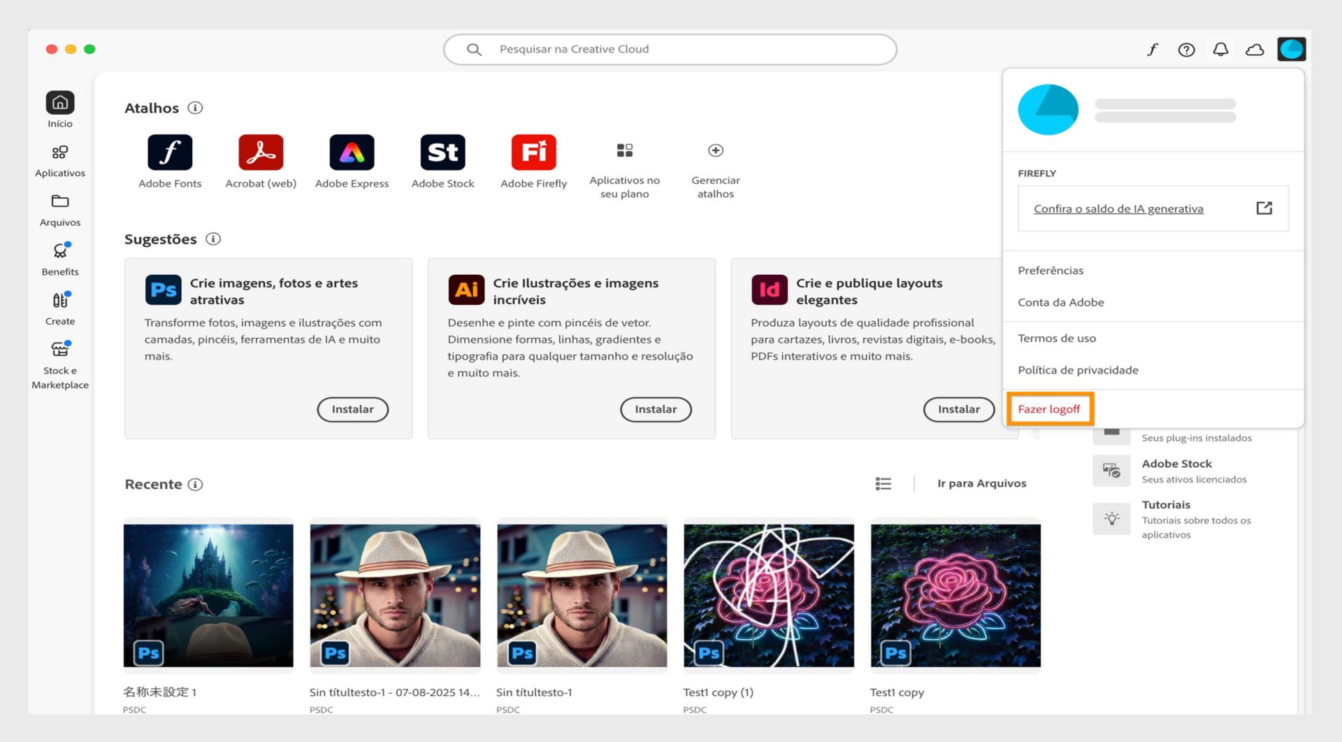 O ícone Conta, disponível no canto superior direito da tela, oferece a opção de fazer logoff do aplicativo de desktop da Creative Cloud.