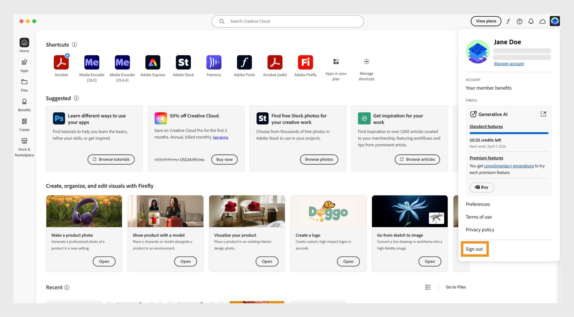 Konta ikona, kas pieejama augšējā labajā stūrī, nodrošina iespēju izrakstīties no jūsu Creative Cloud datora lietotnes.
